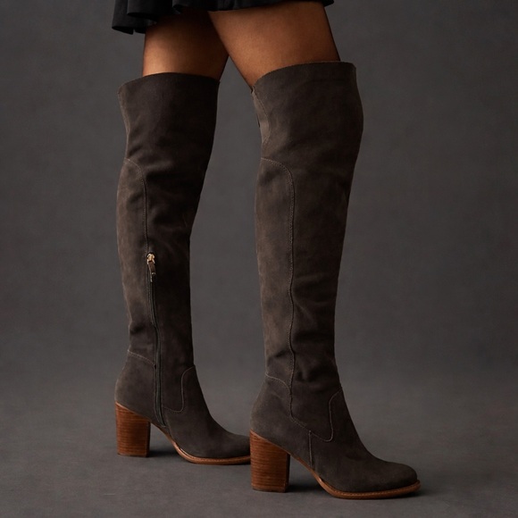 Kelsi Dagger Shoes - Kelsi Dagger Logan Grey Suede Leather Brooklyn Over The Knee Brown Heeled Boot 9